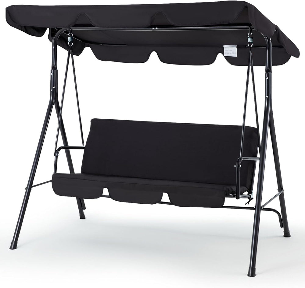 Esright 3-Seat Outdoor Porch Swing Chair with Adjustable Canopy, Balck