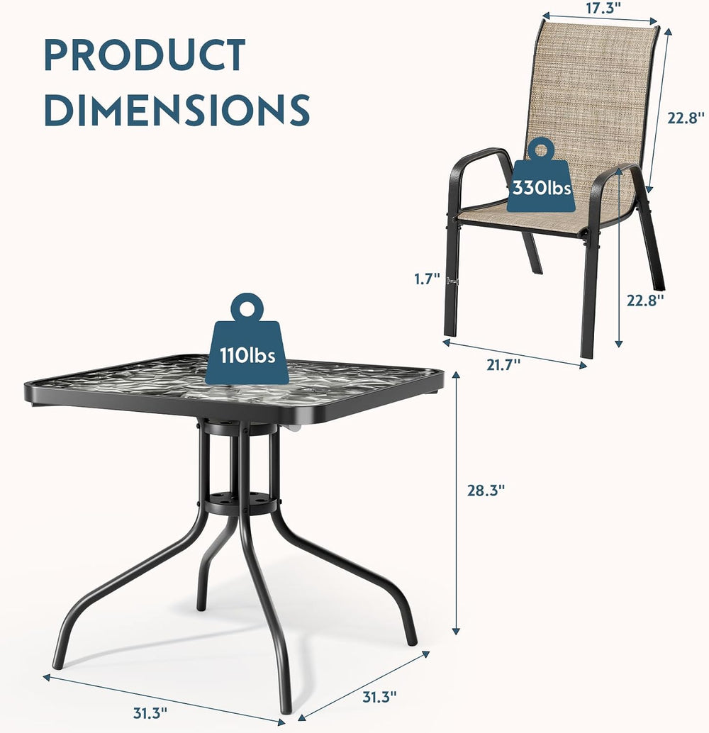 Arlopu 5 Pieces Outdoor Patio Dining Set, Glass Table and Textilene Chair