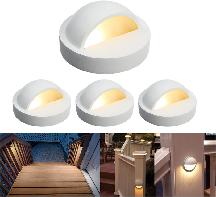 RNEHON 4-Pack 2W Low Voltage LED Deck Lights, Φ3.94inch Landscape Step Railing Fence Light, Die-cast Aluminum, IP 65 Waterproof Outdoor Stair Light Warm White for Stair,Walkway,Deck, Step,Yard (White)