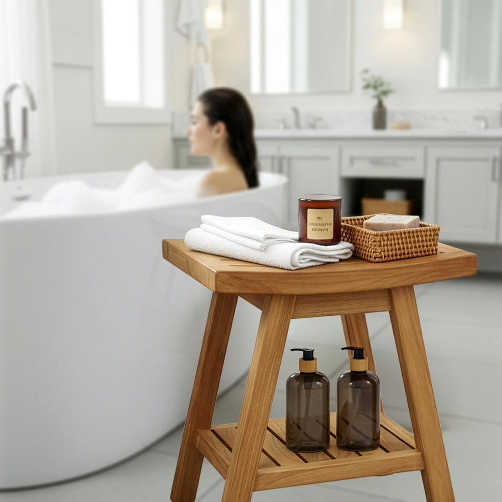 Asta SpaTeak Saba Solid Teak Indoor Outdoor Shower/Bath/Spa Bench with Bottom...