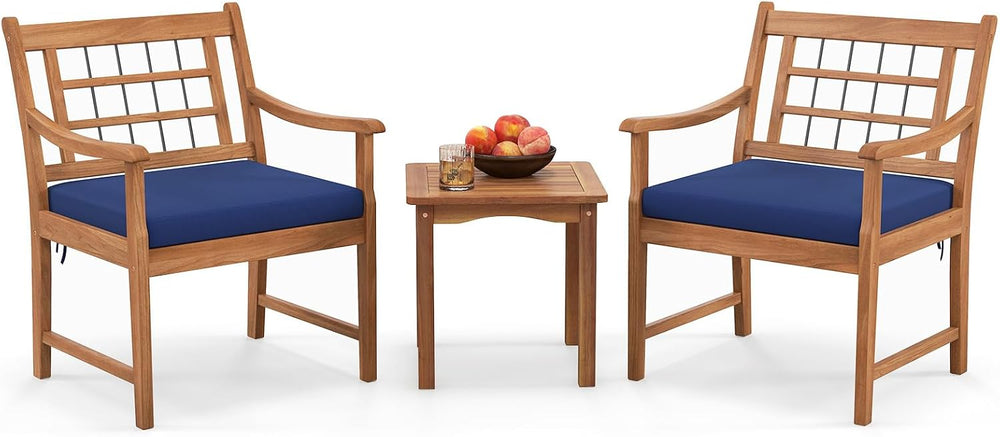 Tangkula 3 Piece Wood Patio Furniture Set, Outdoor Bistro Set w/Soft Seat Cus...