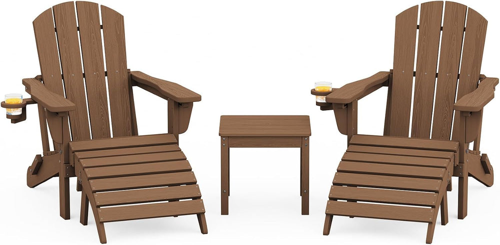 SERWALL 5-Piece HDPE Adirondack Chair and Ottoman and Table Set, Brown