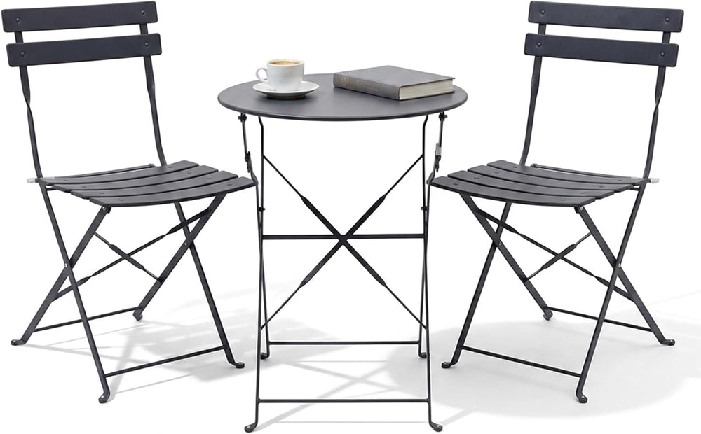 3 Piece Outdoor Bistro Set, Black Folding Table & Chairs for 2