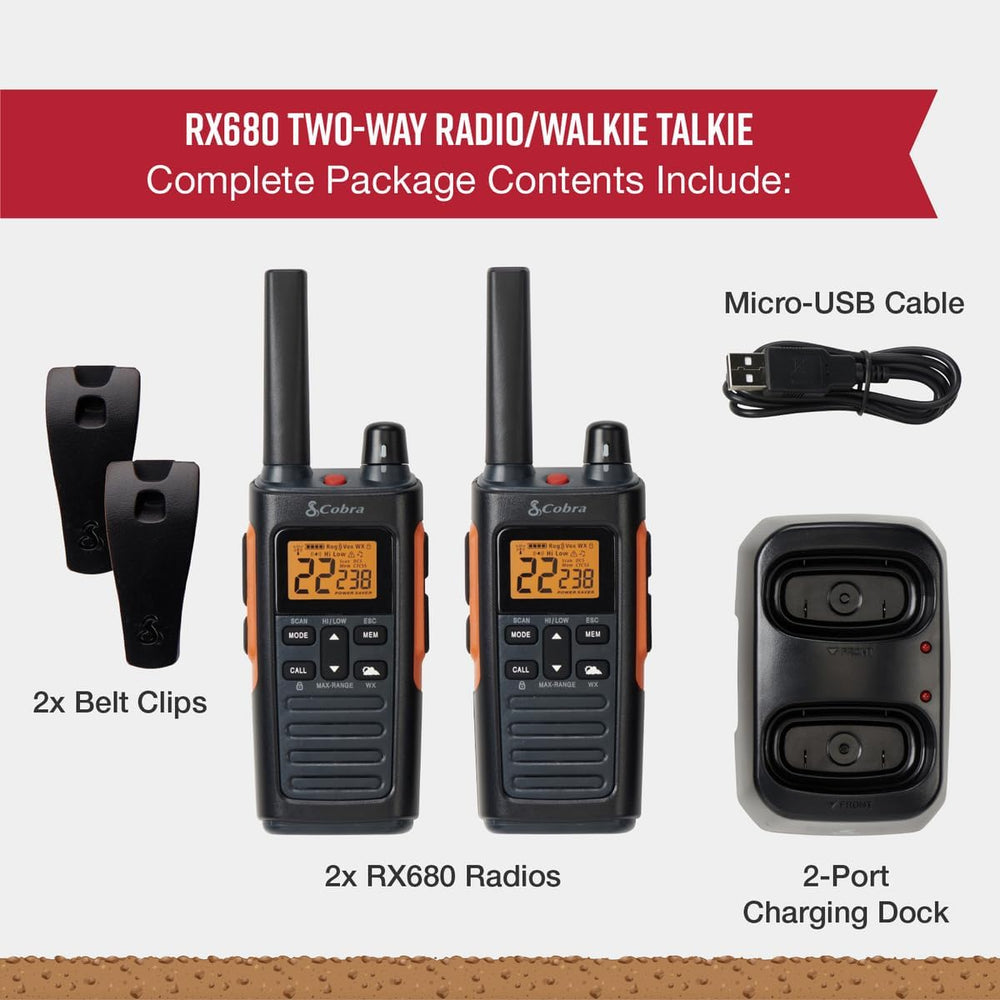 Cobra RX680 Walkie Talkies (2-Pack), IP54 Water Resistant Design