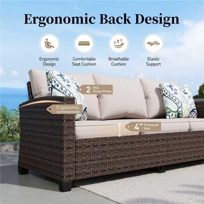 3-Seat Wicker Patio Sofa, 4" Thick Cushions, Brown/Beige