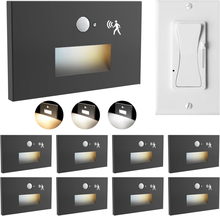 8 Pack 3CCT 120V Motion Sensor LED Step Lights Indoor Outdoor, Black