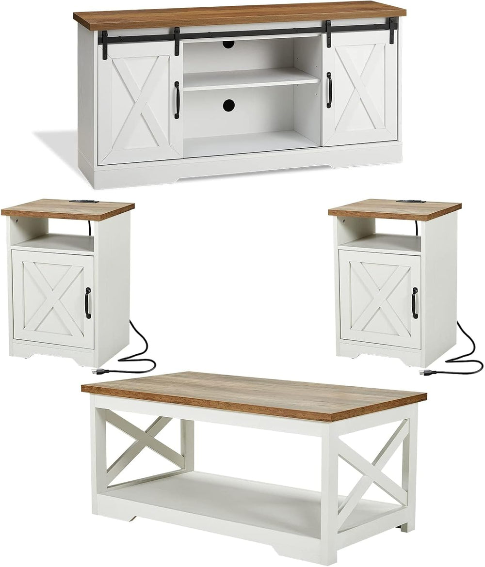 AMERLIFE 4 Piece Farmhouse Table Set with 66" TV Stand, Distressed White