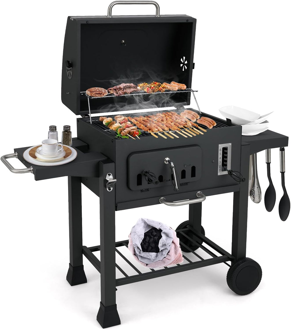 Happygrill Barrel Charcoal Grill with 2 Folding Side Tables & 2 Wheels