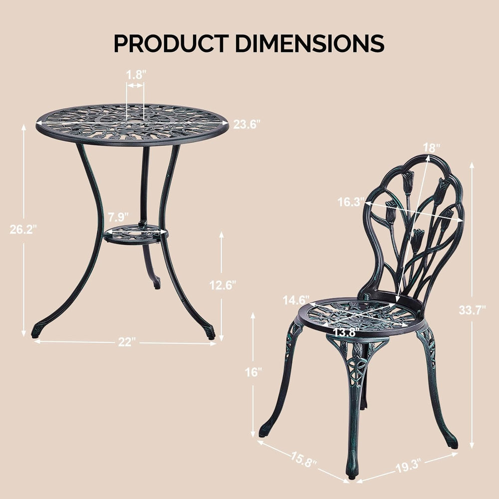 Outvita 3 Piece Cast Aluminum Bistro Set, Tulip Pattern Verdigris