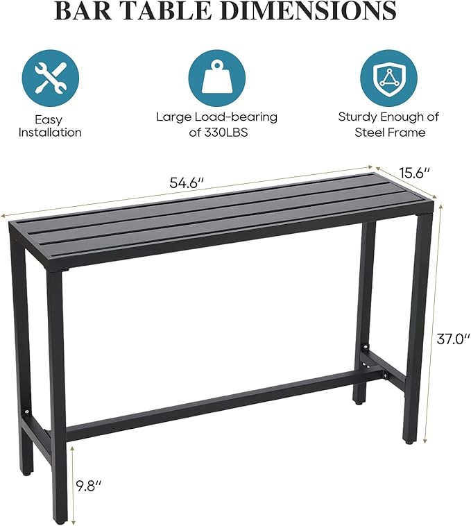 Outdoor Bar Table, Patio Console Pub Height Tables with Powder Coated Steel F...