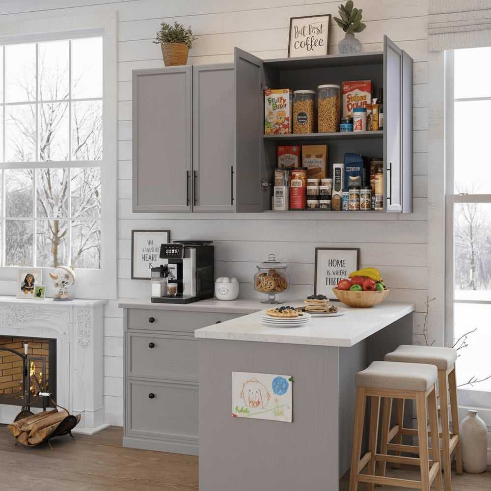 60"W Grey Laundry Room Wall Mounted Cabinets with Adjustable Shelf