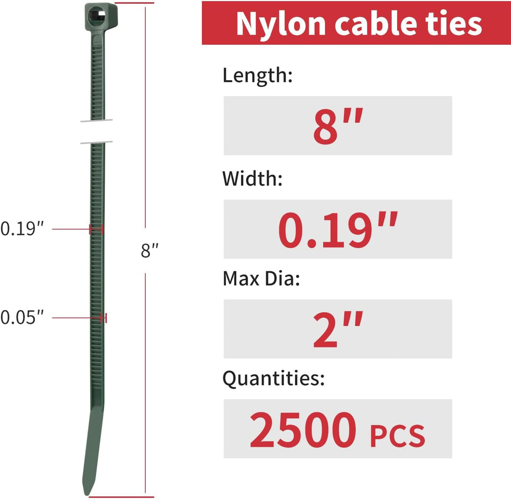 BethTie 8 Inch Dark Green Zip Ties 2500Pcs, 65 LBS UV Resistant Cable Ties