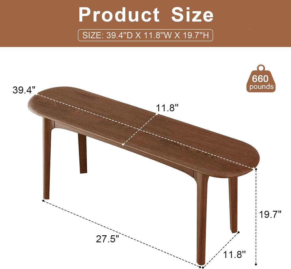 39" Solid Wood Small Dining Bench, Entryway Bench, Walnut