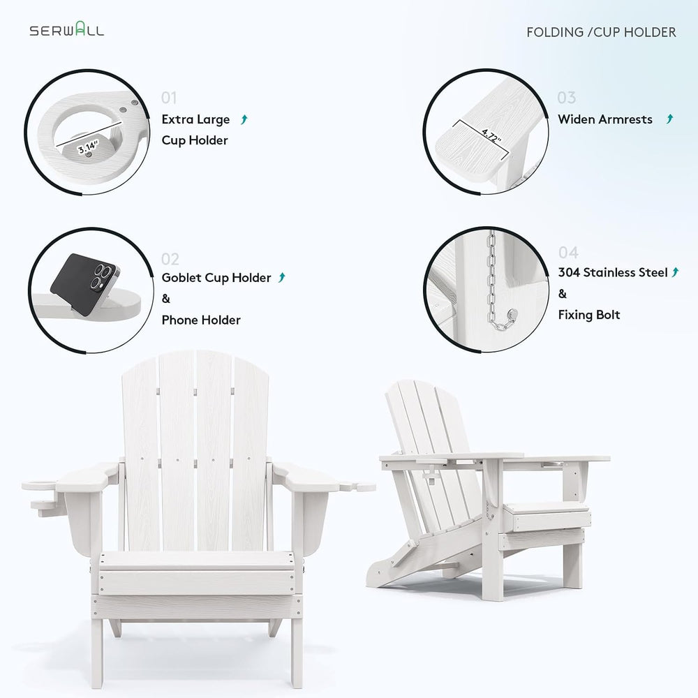 SERWALL Outdoor Adirondack Chair Set of 2 with Cup Holders,Foldable,White