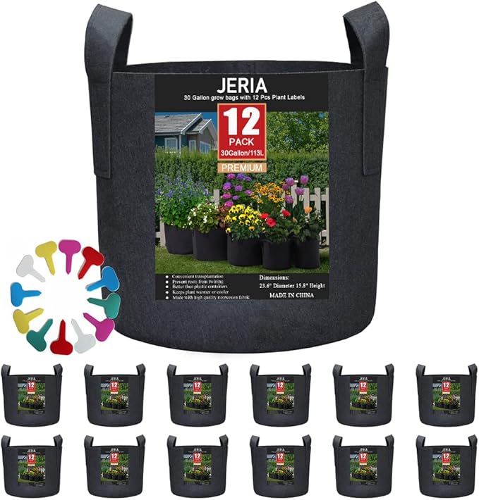JERIA 12-Pack 30 Gallon Grow Bags, 300G Thickened Nonwoven Garden Pots,Heavy ...