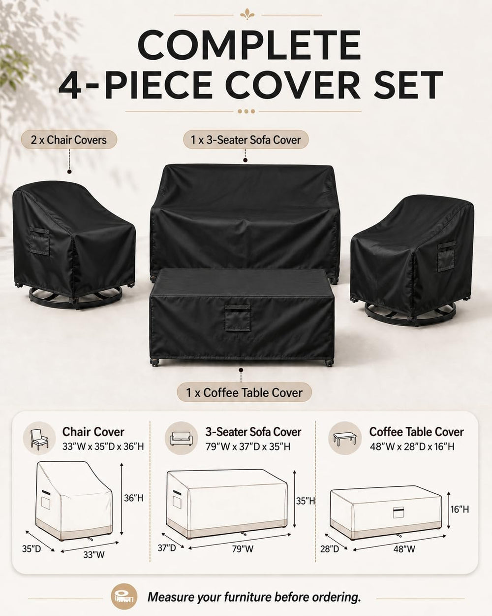 Patio Furniture Set Covers Waterproof Outdoor, 4-Piece Set, 600D Heavy Duty