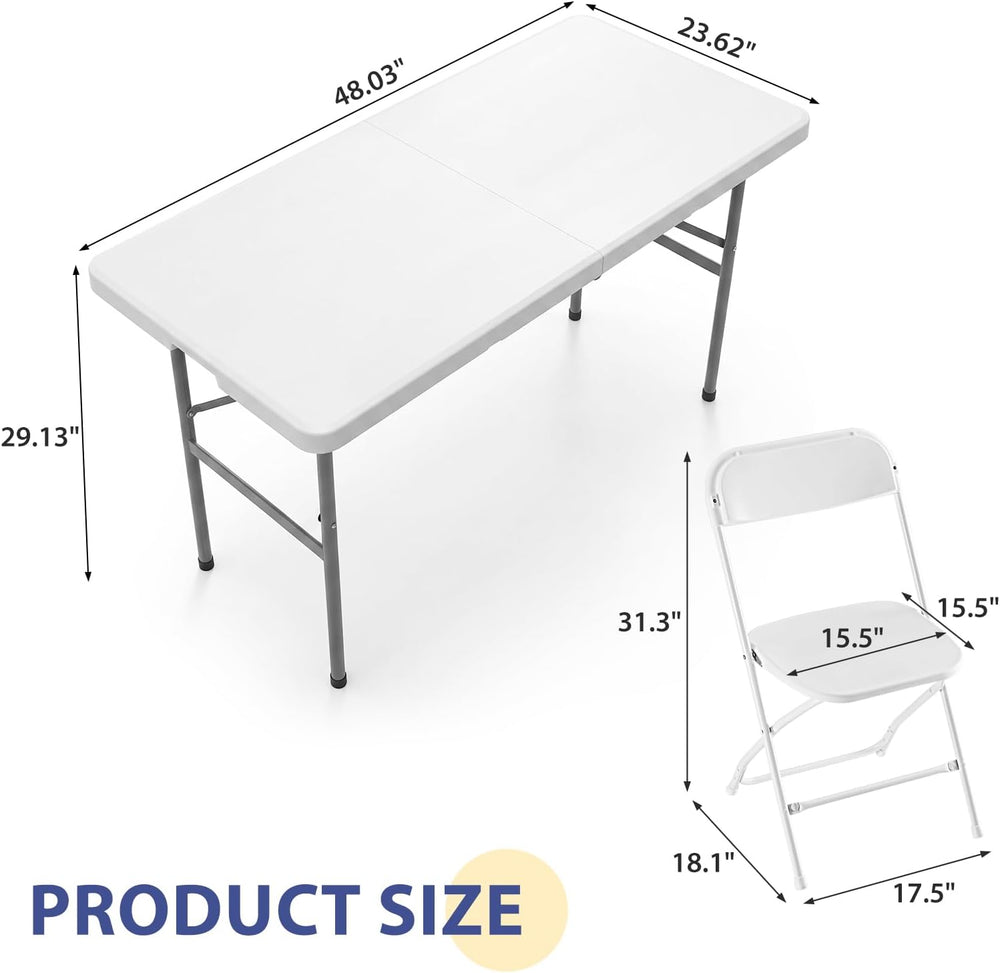 Sweetcrispy 4 FT Folding Picnic Table, with 4 White Folding Chairs
