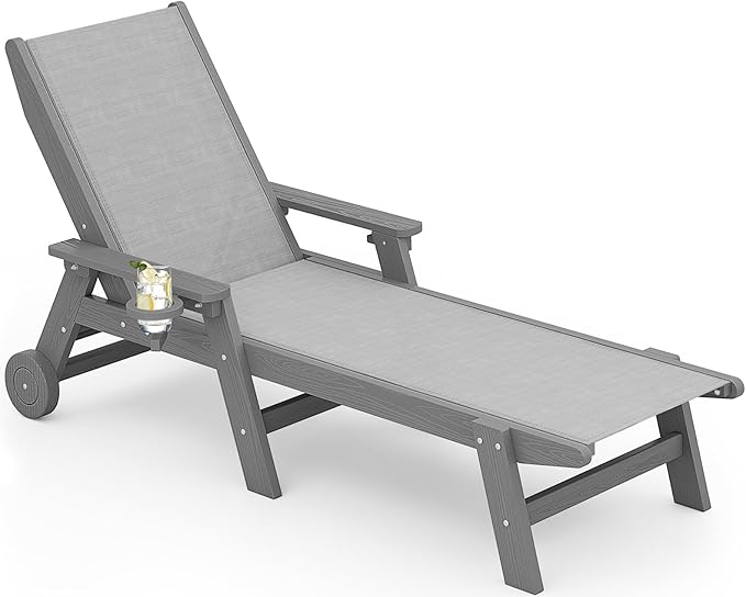 SERWALL Patio Chaise Lounge Chair, 5 Positions Outdoor Lounger for Pool, Text...
