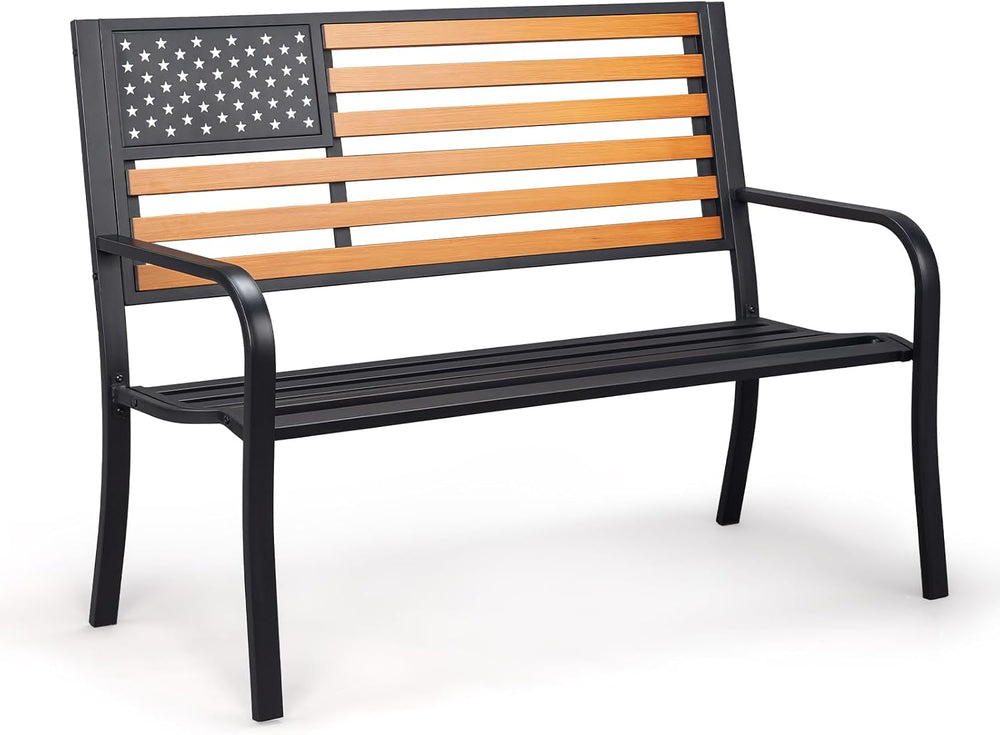 VINGLI Outdoor Metal Bench, 50in Weatherproof Garden Bench w/American Flag St...