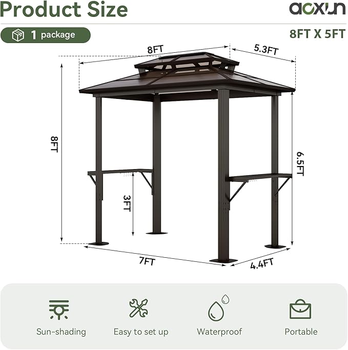 Aoxun Grill Gazebo 8 x 5FT, Outdoor Barbecue Gazebo with Double Polycarbonate...