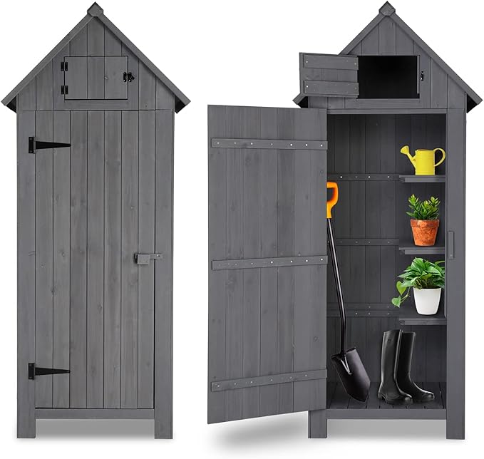 Outvita 70in Outdoor Storage Shed, Waterproof Wooden Garden Storage Cabinet with Lockable Door, Grey