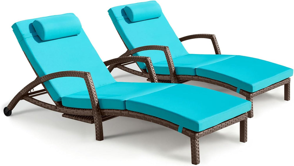 Chaise Lounge Chairs Outdoor Set of 2, Comfy Outside Wicker Patio Pool Lounge...