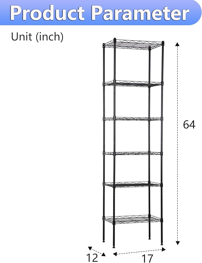 BestOffice | 6-Tier Wire Storage Shelves | 17x12x64 | Black | with Adjustable...
