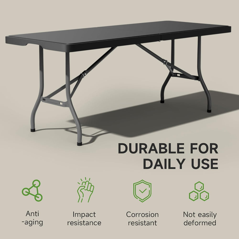 6 Foot Folding Table Black, Sturdy 330LBS Capacity, Reinforced Steel Legs, Fo...