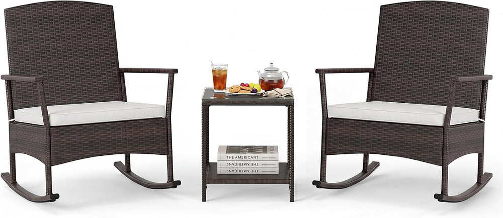 Tangkula 3 Pieces Rocking Wicker Bistro Set, Outdoor Front Porch Rocker Chair...