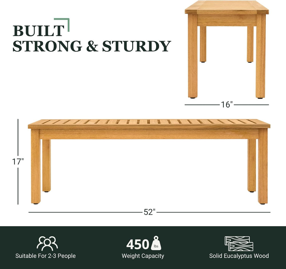 52" Backless Wood Bench Seat, Outdoor Garden Patio Bench, Entryway
