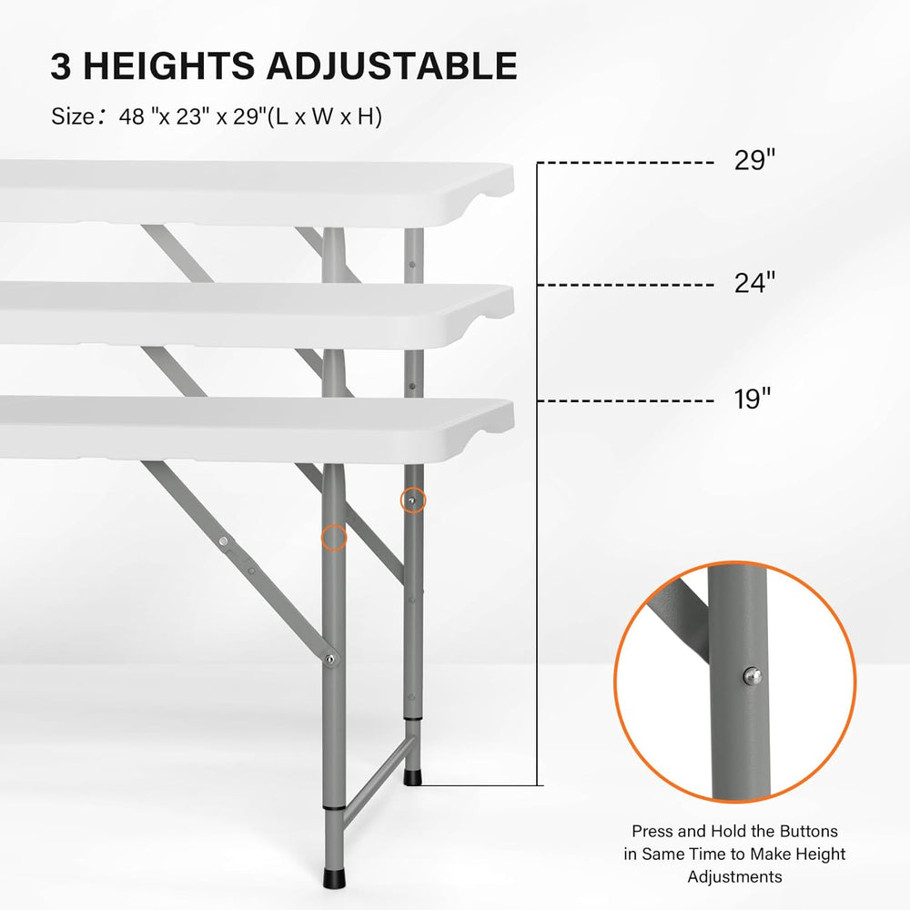 VINGLI 4 FT Plastic Folding Camping Table,3-Level Adjustable Height, Portable...