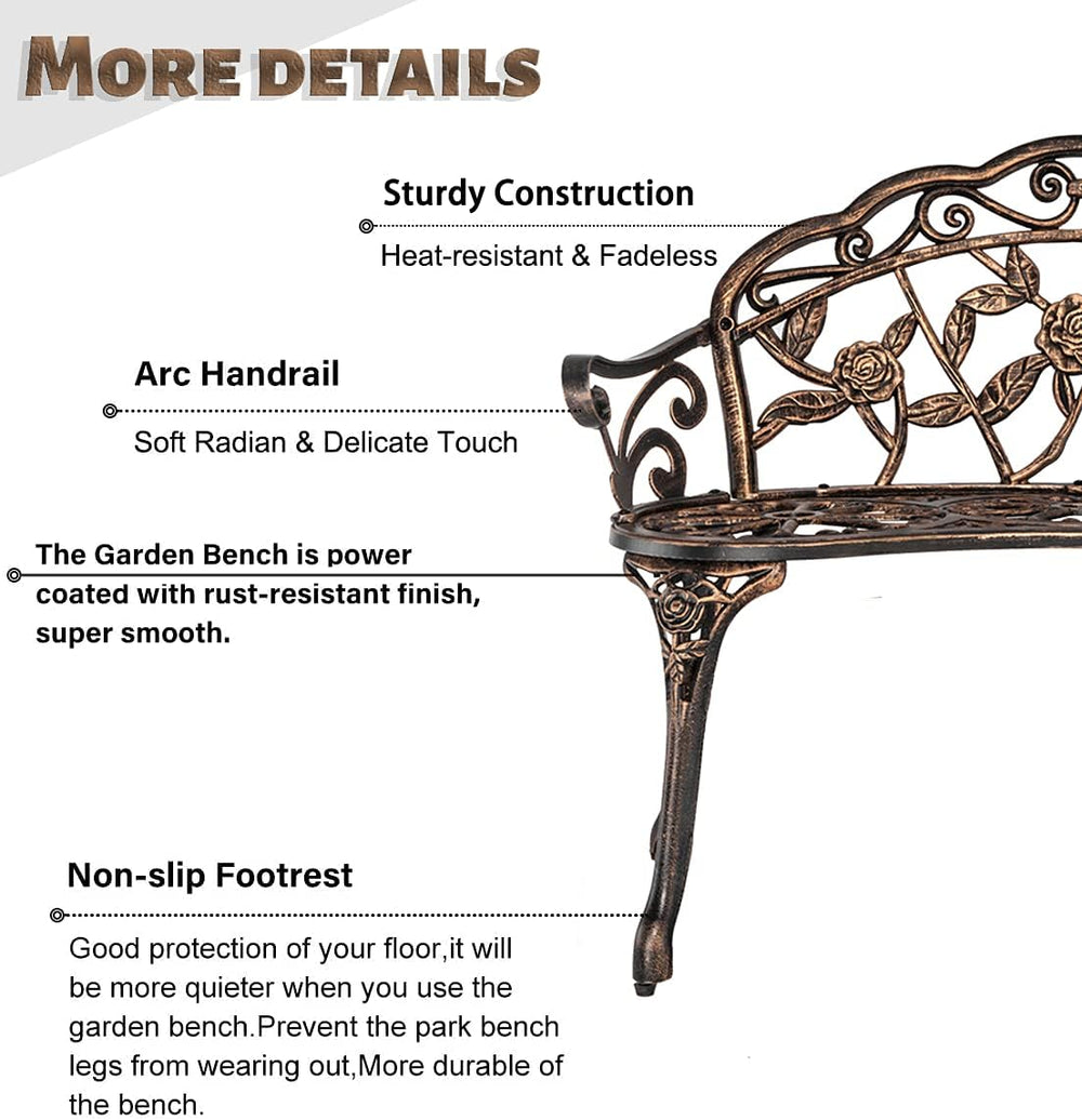 JOYBASE Outdoor Patio Bench - Cast Iron & Aluminum Garden Bench (Bronze)