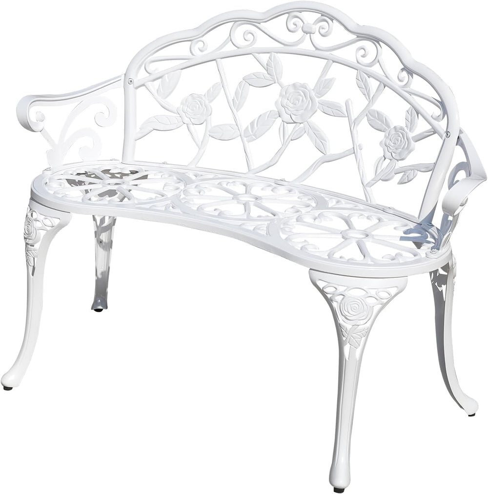 Cast Aluminium Outdoor Bench, Rose Garden Bench for Patio,Park,Lawn,Yard (White)