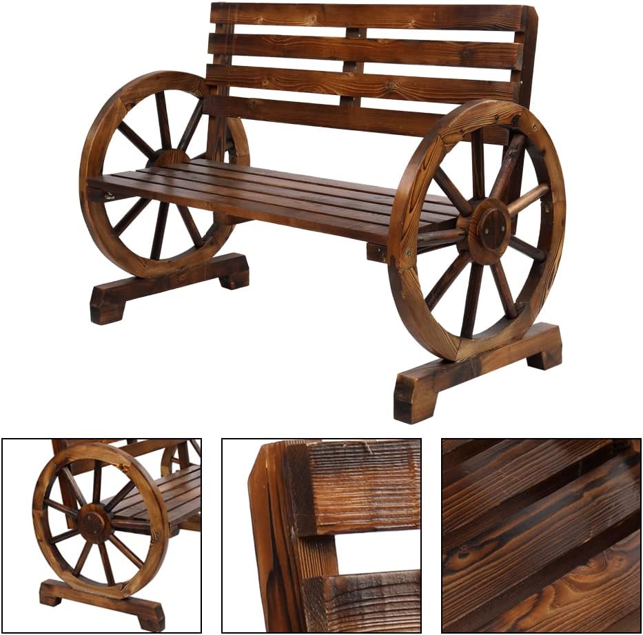 Wooden Wagon Wheel Bench,Rustic 2-Person Wooden Seat Wagon Wheel Bench with S...