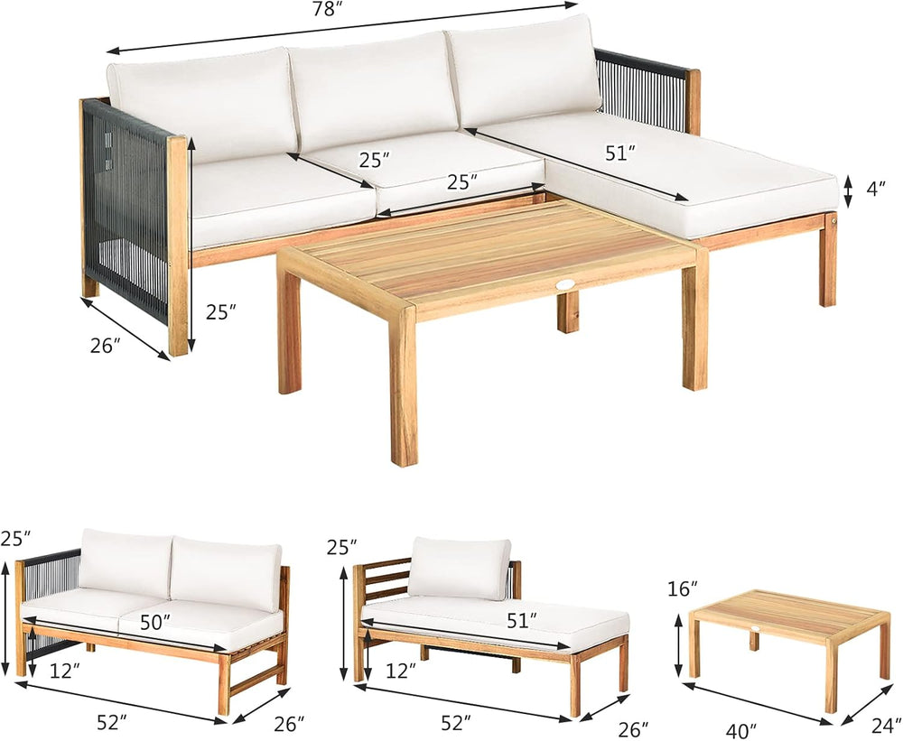 Tangkula L Shape Outdoor Furniture Set, 3 Piece Acacia Wood Patio Conversatio...