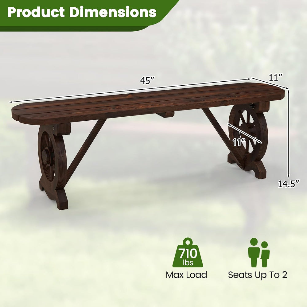 GIANTEX 2-Person Wooden Outdoor Bench with Wagon Wheel Legs, Slatted Seat, Ru...