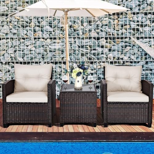 DORTALA Wicker Patio Furniture Set 3 Piece, Outdoor Table and Chairs with Tem...