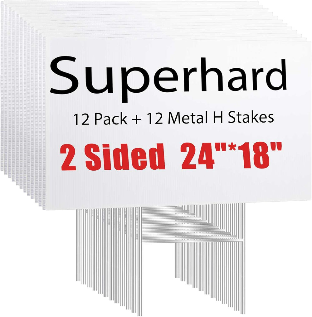 12 Pack Large Blank Yard Signs 18 x 24" with Metal Stakes, White Plastic...