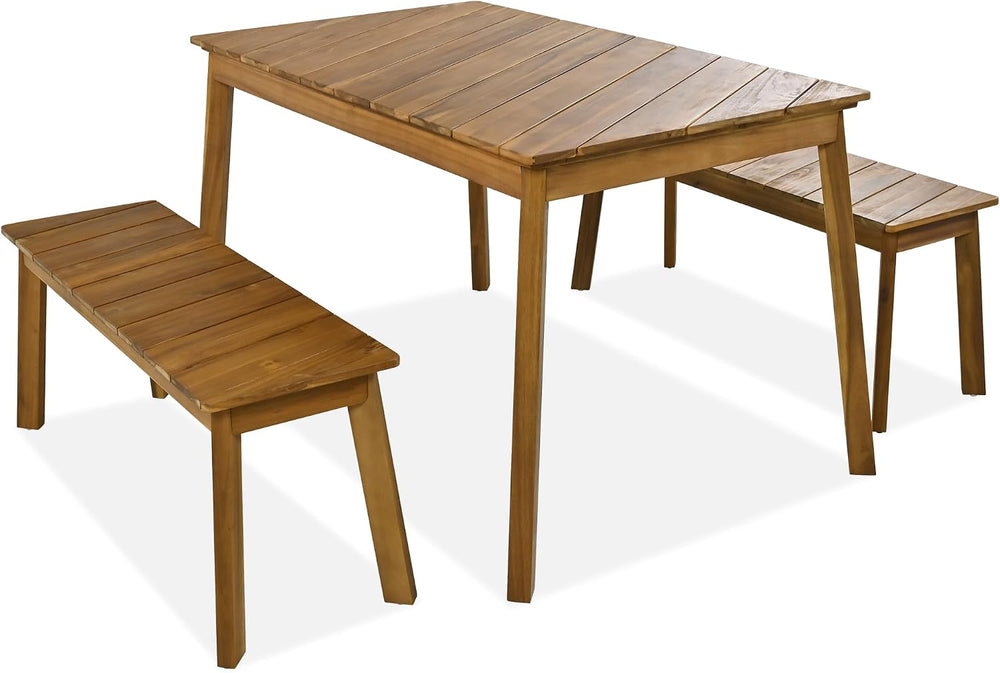 3 Pieces Patio Dining Set, Outdoor Acacia Wood Table and 2 Benches, Outdoor D...