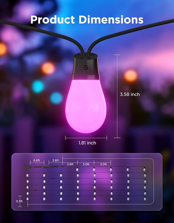 Govee S14 Bulb Outdoor String Lights 2, 144ft RGBIC Smart Warm White Outdoor ...