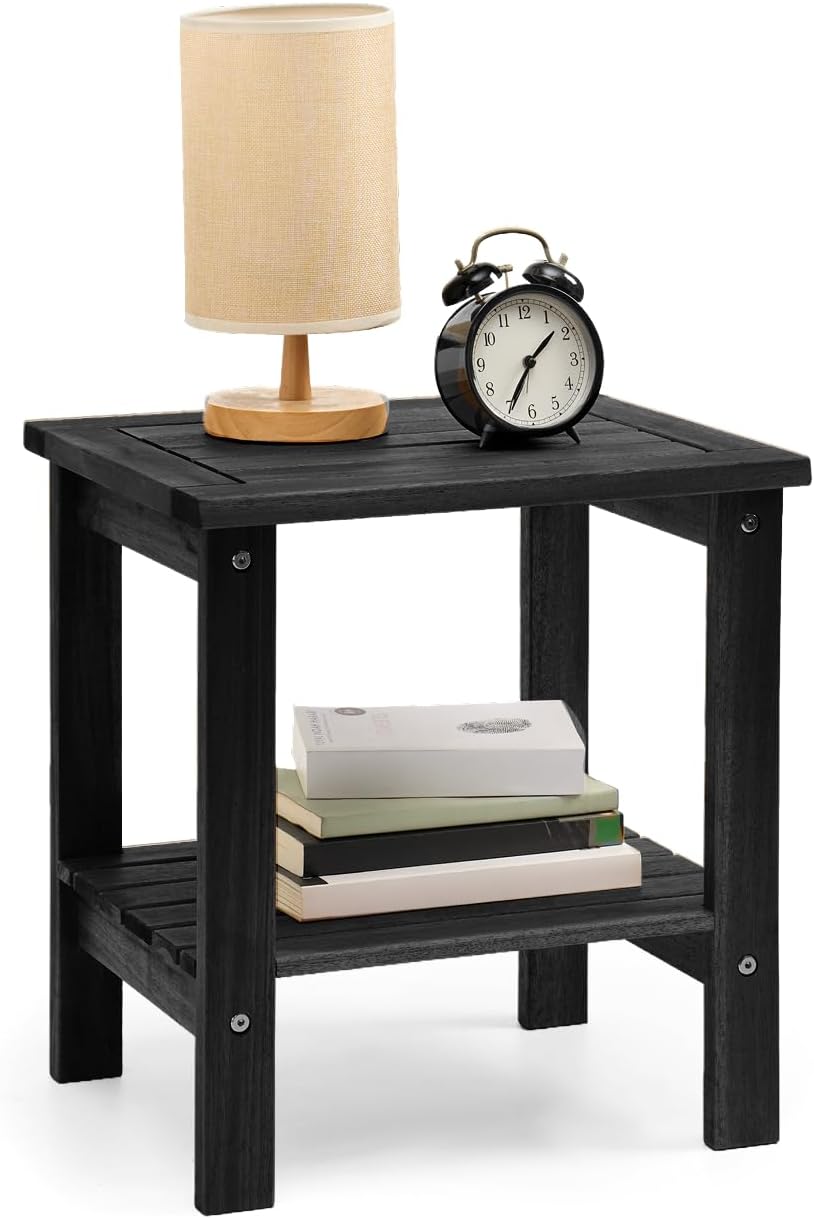 THYOI Premium Acacia Wood Outdoor Side Table, with 2-Tier - Black