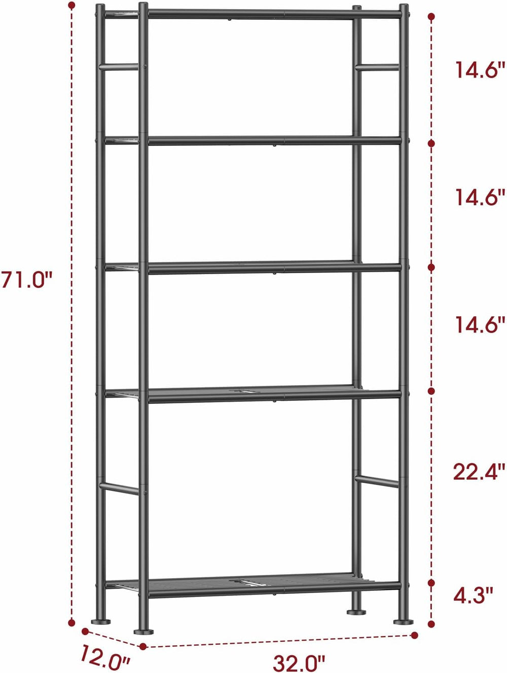 5-Tier Metal Storage Shelves Adjustable Feet, 32"x12"x71", Black