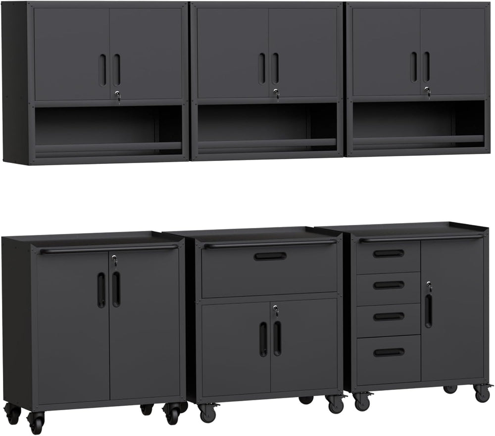 Black Garage Storage Cabinets System 6 PCS Workshop Set with Drawers Locking ...