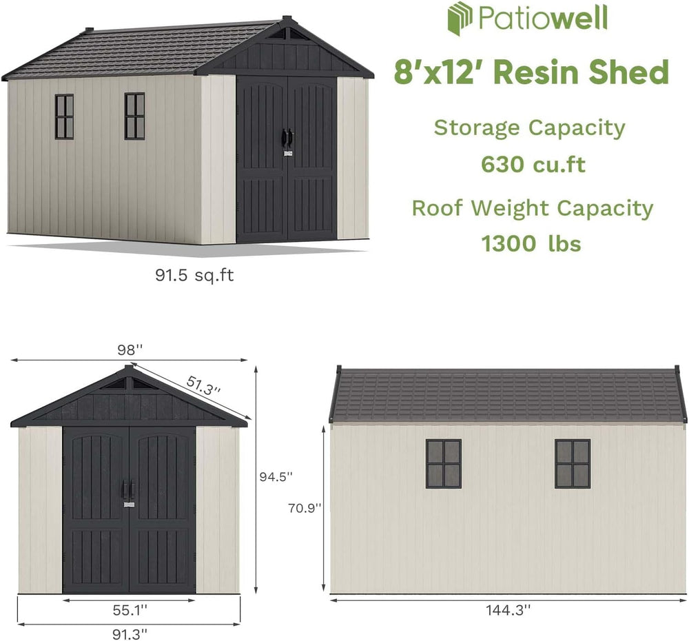 Patiowell 8x12 FT Resin Outdoor Storage Shed with Floor, Beige