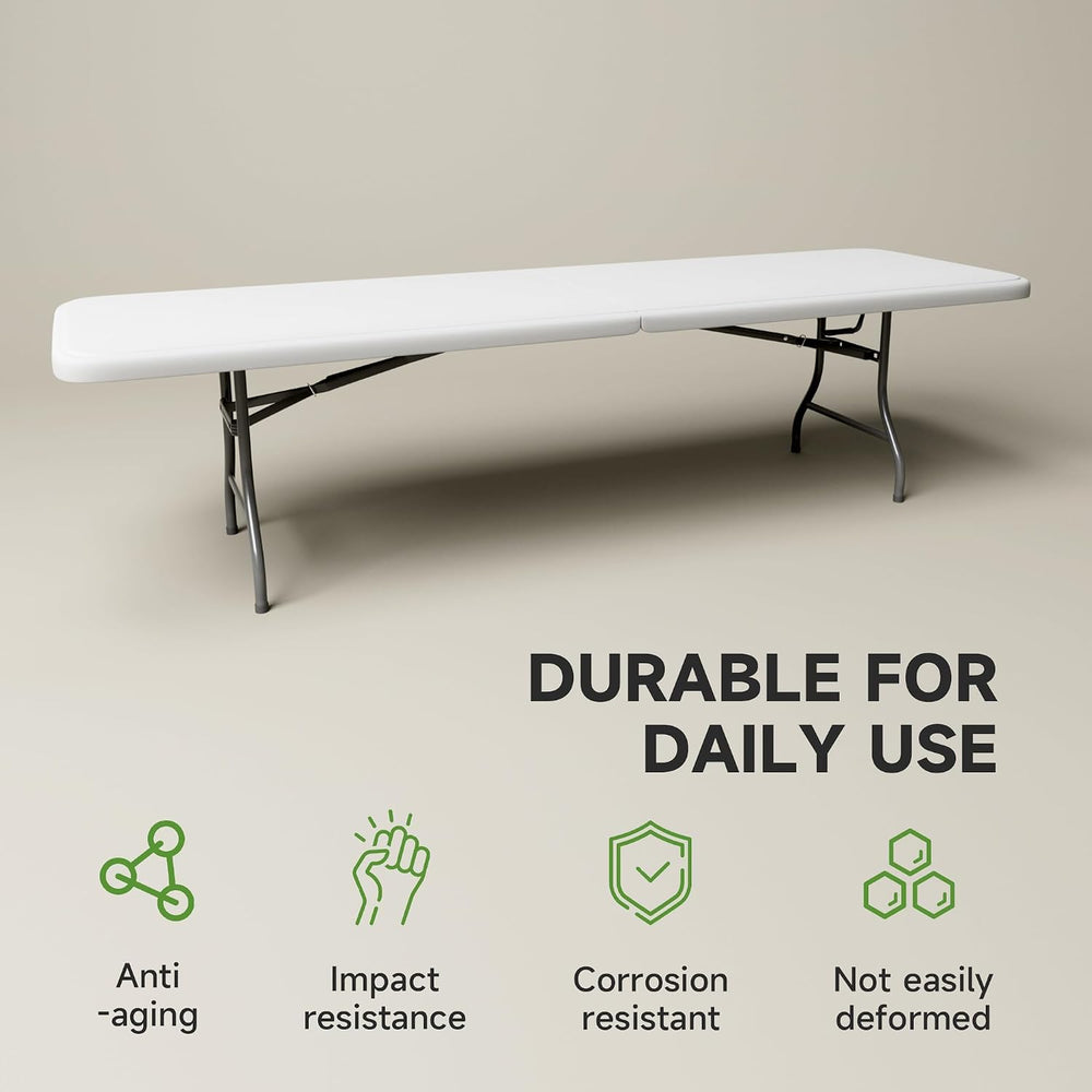 8FT Folding Table - Heavy-Duty 660 lb Capacity, Portable Table with Safety Lo...