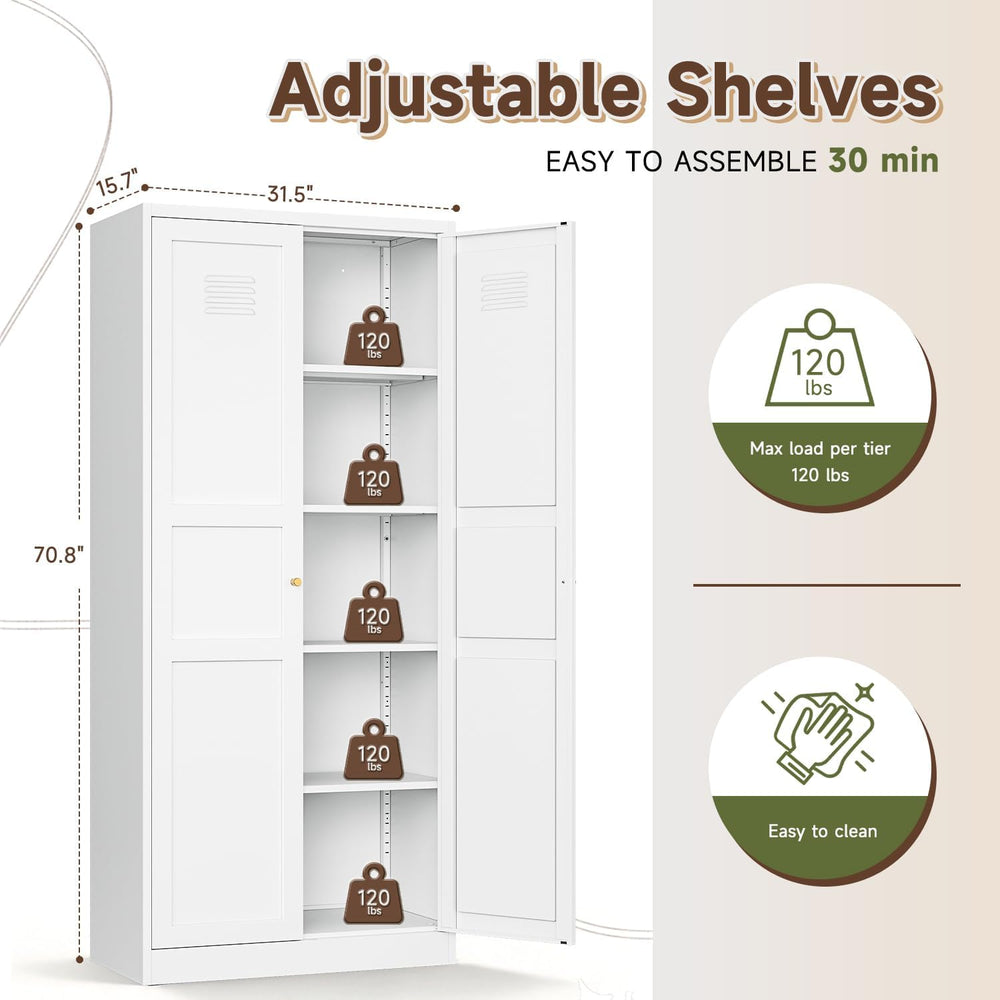 White Storage Cabinet with Adjustable Shelves-Metal Home Kitchen Pantry Cabin...