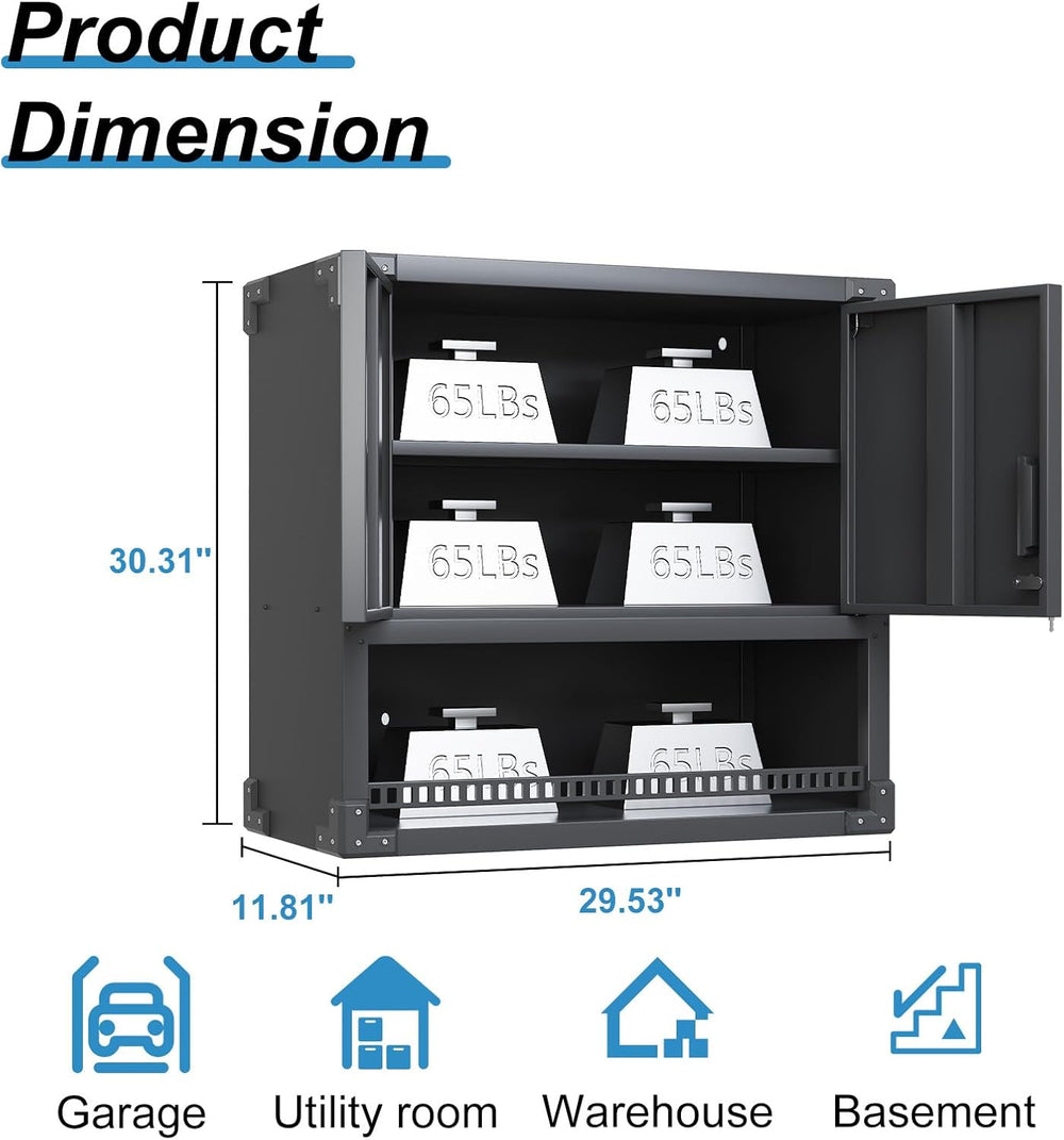 Metal Storage Wall Cabinets with Doors and Opening Drawer,Heavy Duty Black Ga...