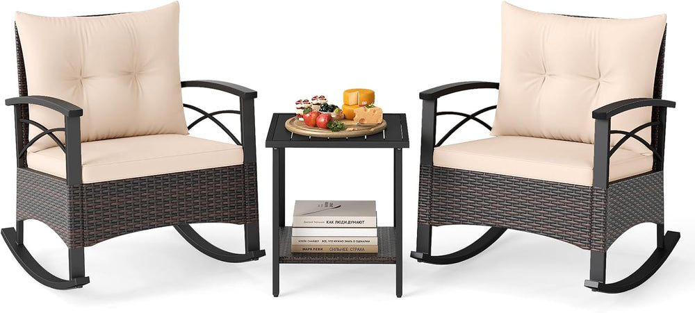 Tangkula 3 Pieces Wicker Outdoor Rocking Chairs Set