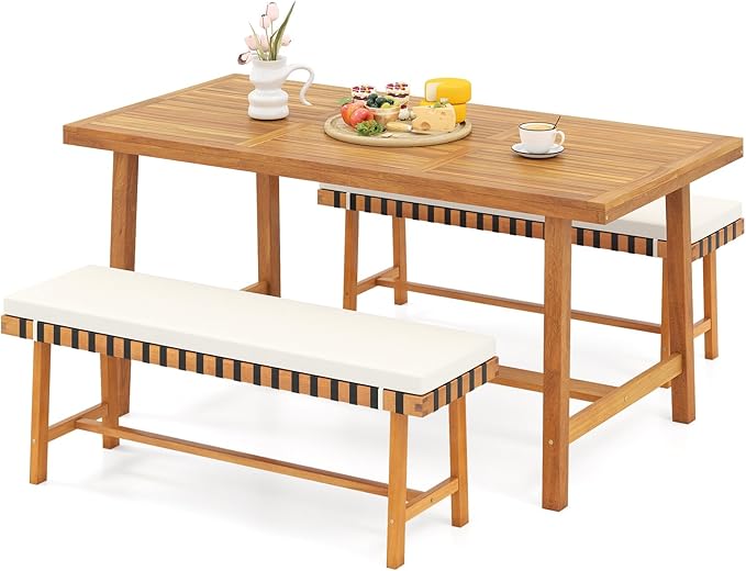 Tangkula 3 Piece Patio Dining Set for 4 People, 63” Outdoor Acacia Wood Recta...