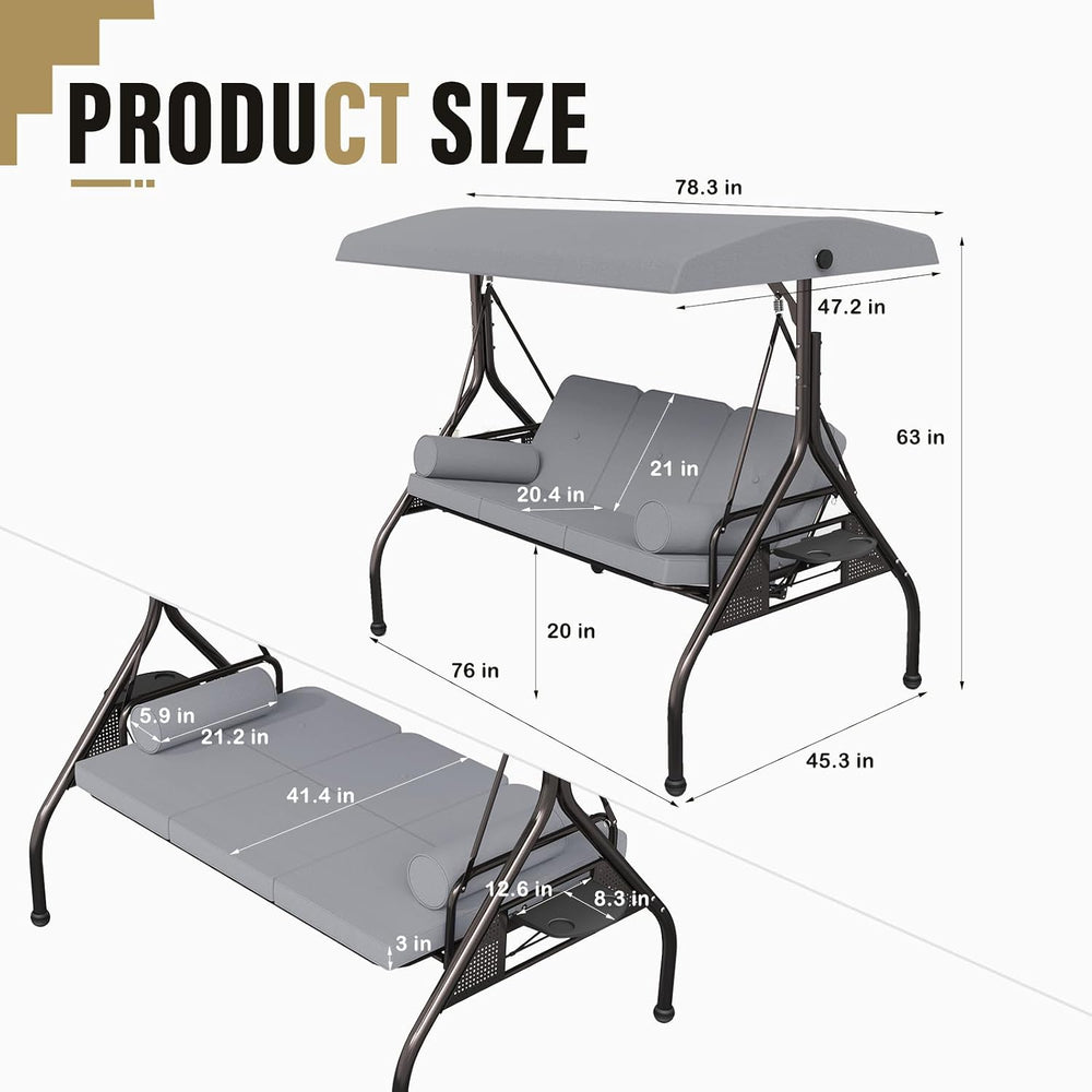3-Seat Patio Swing Chair, Outdoor Porch Swing with Cushions,Pillows & Cup...